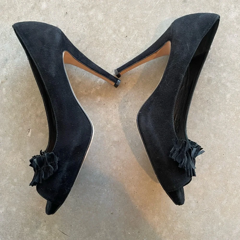 Butter Black Suede Peep Toe Heels Womens 7 Made in Italy Fringe Stiletto